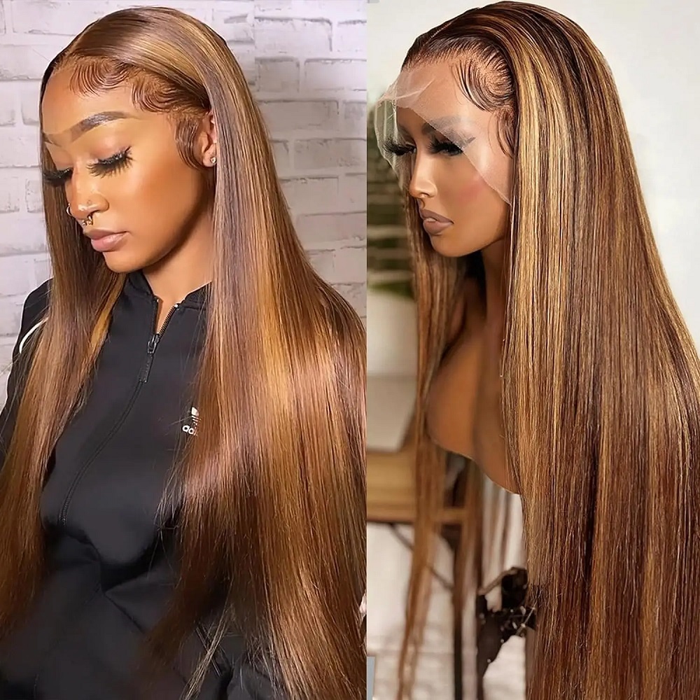 Hd Lace Frontal Wig Human Hair Pre Plucked - 44 46 Inch P4/27 Highlight Colored
